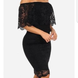 DONATED black lace insets slim midi dress.